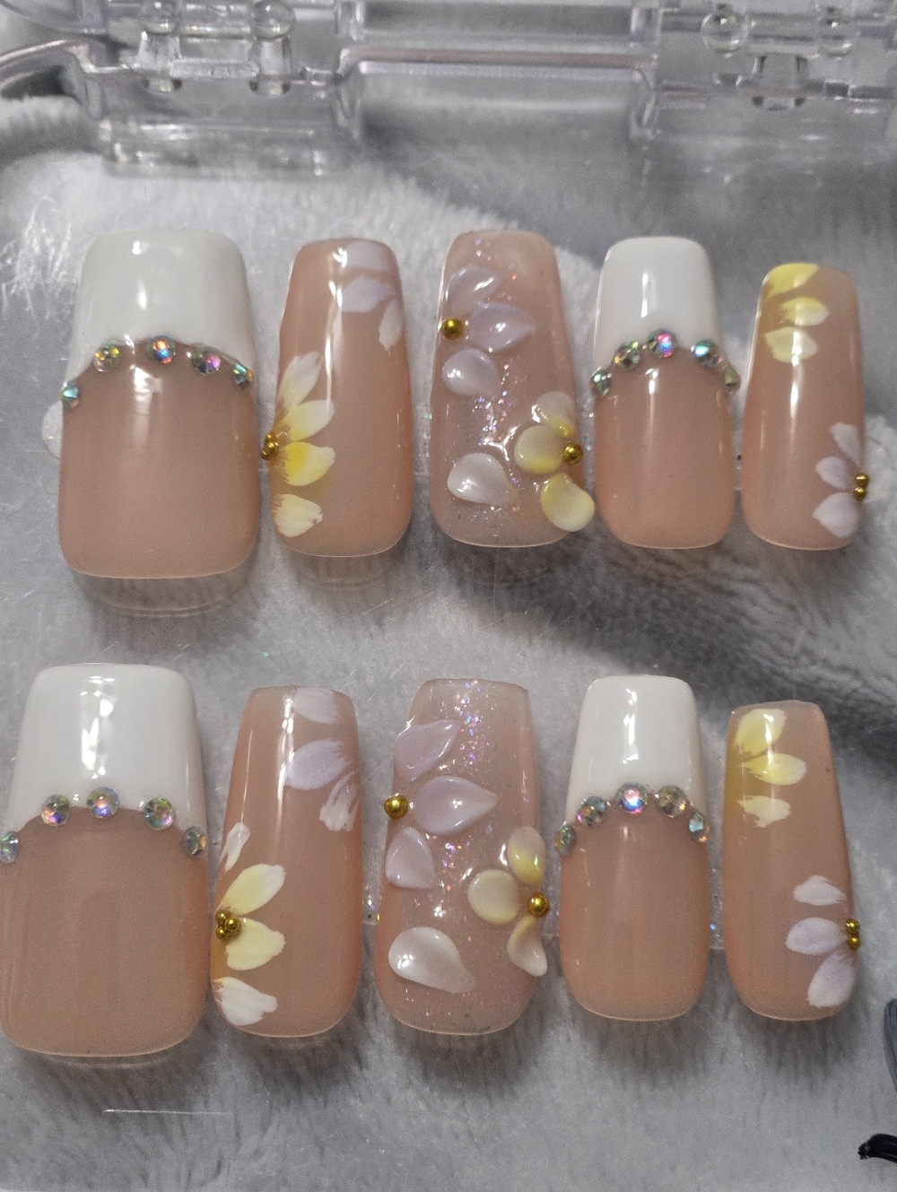 Neutral Pink Floral Press-On Nail Set with Rhinestones, Medium Length Square